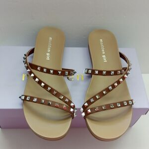 Madden Girl Women's Stud Straps Flat Sandal Beach Brown Slipper Size 6.5 $79
